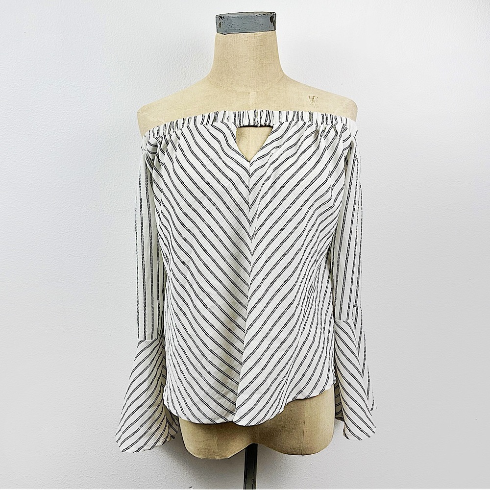 Hoity Toity Boho Top Off Shoulder White Gray Stripes